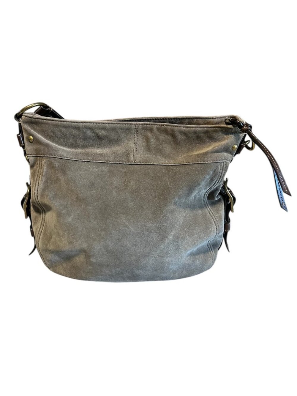 Coach Zoe Large Hobo Taupe Suede Brown Leather Trim Shoulder Bag Slouchy - Picture 3 of 9